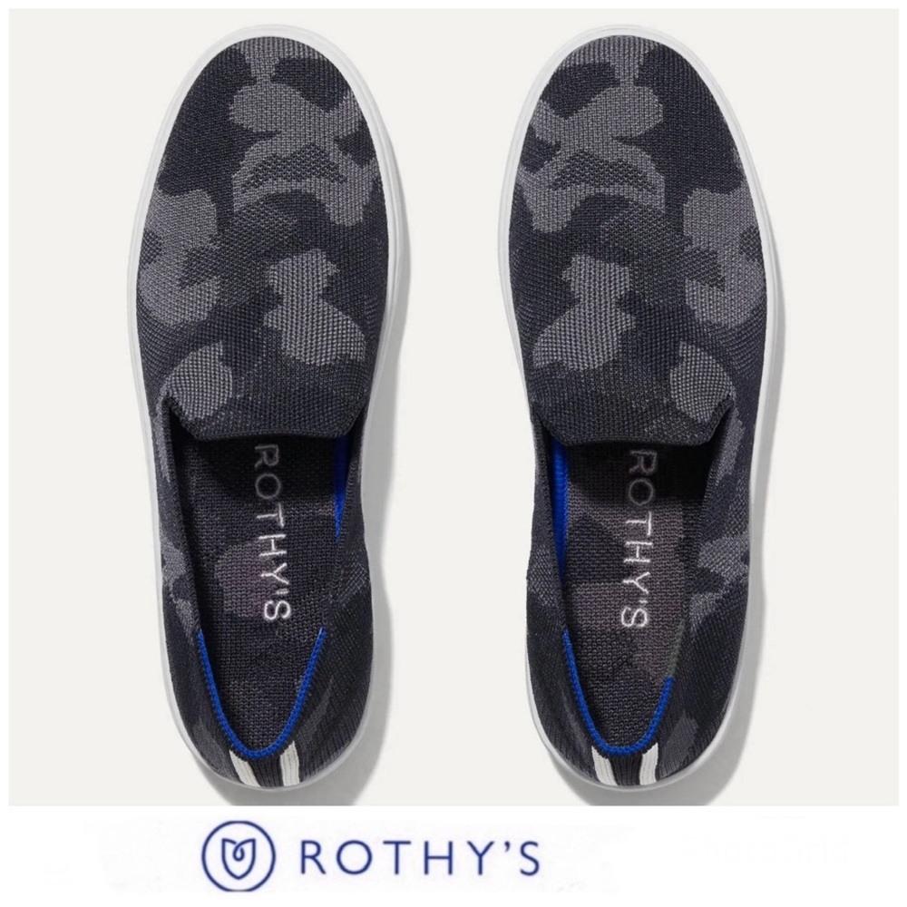 ROTHY’S The Original Slip On Grey Camouflage Blue Trim Comfy Sneakers Sz 6